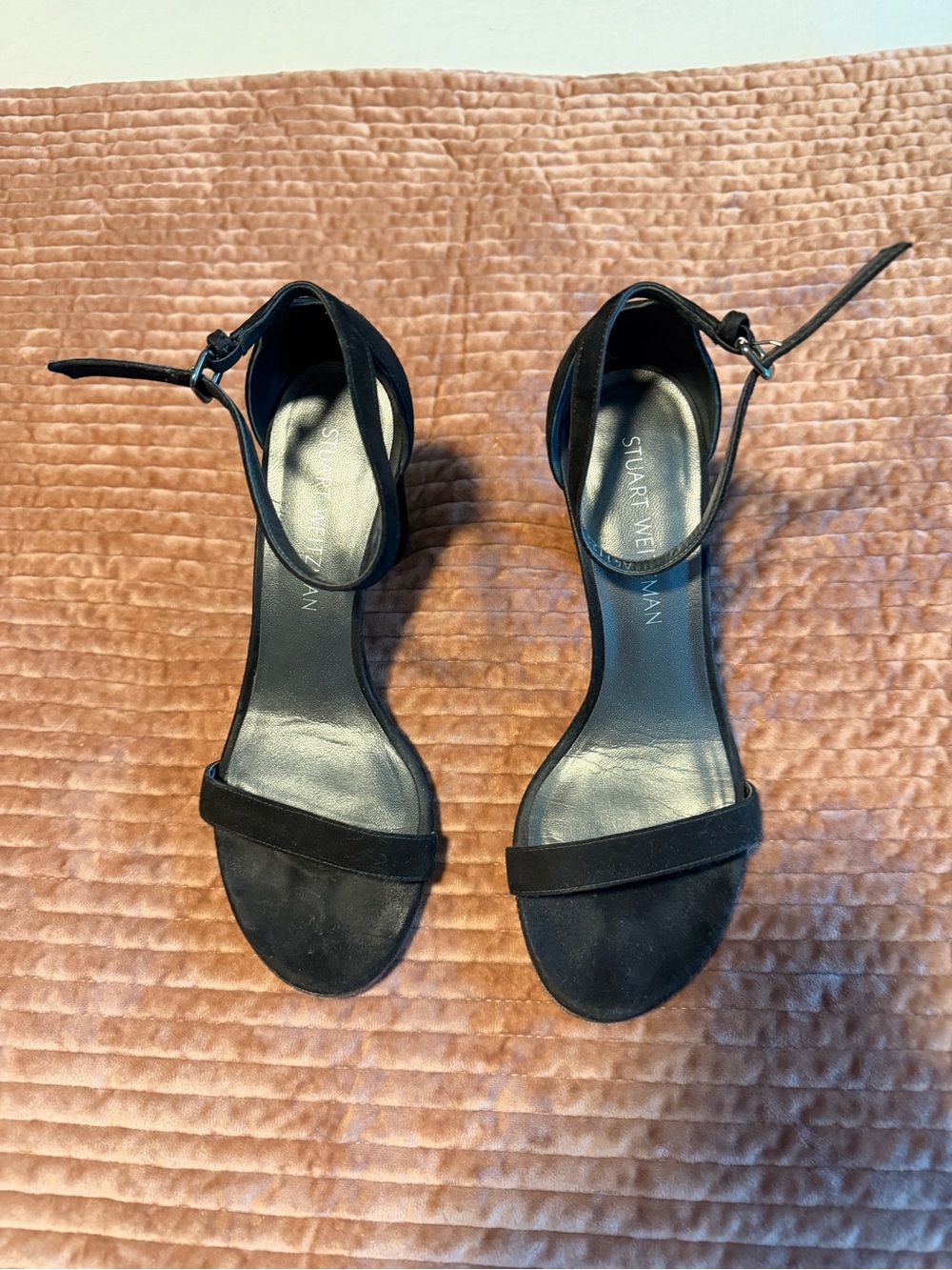 Stuart Weitzman Black Suede Single-Band Ankle-Strap Heels
